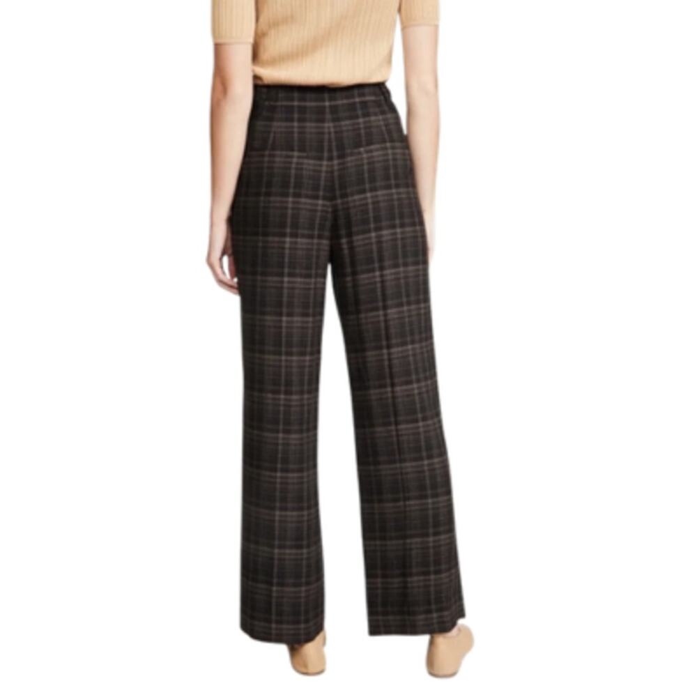 Vince Classic High Rise Pleated Trousers Wide Leg Plaid Black Brown Size 8 - Picture 3 of 7